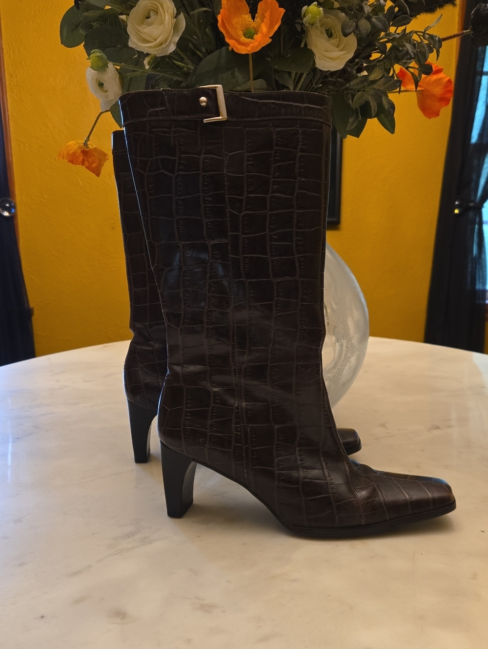 Etienne Aigner Dark Brown Croc-Embossed Mid-Calf Heeled Boots